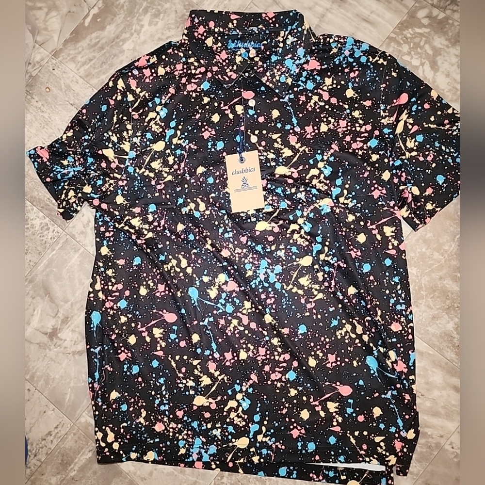 Chubbies Polo Shirt Men's XL Black Golf Performance Casual The Paint Drips